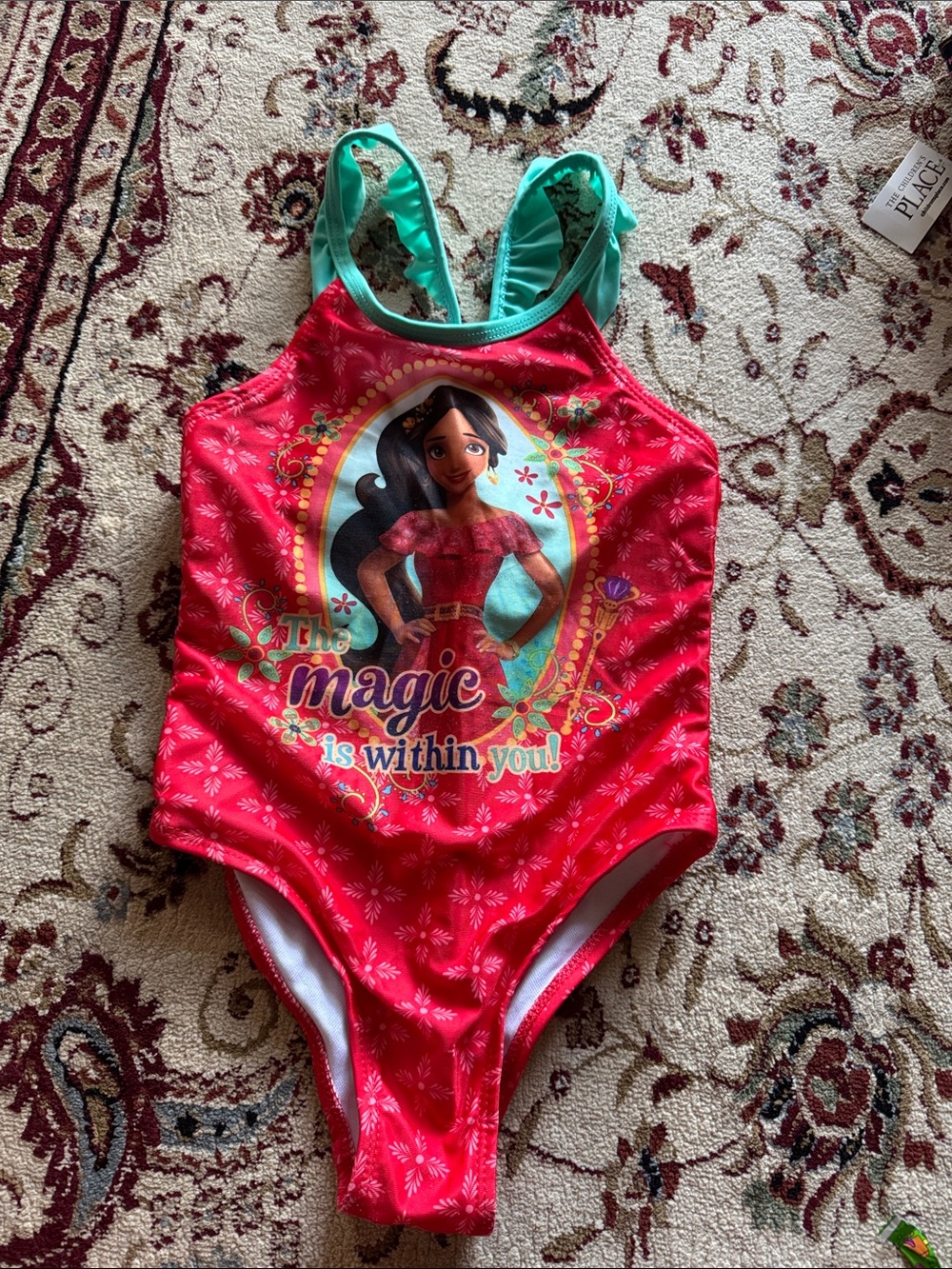 Disney Girls Red Elena of Avalor One-Piece Swim Suit with Teal Straps